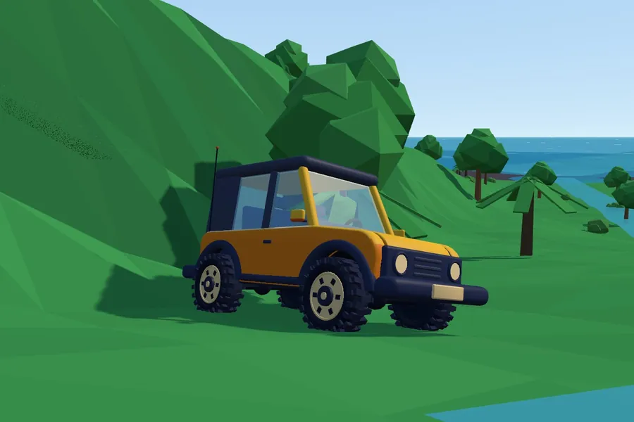 The crawler among low-poly rainforest trees on a green hillside, the sea behind it.
