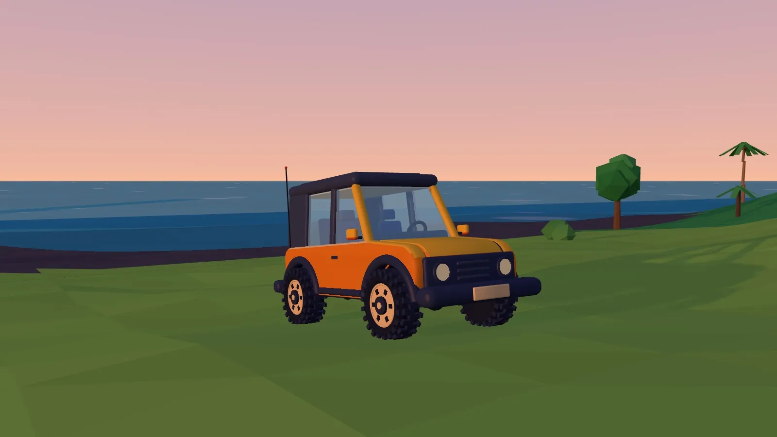 Crawl's orange cartoon 4×4 parked on the grass above the sea at Waipiʻo Valley, under a pink sunset sky.